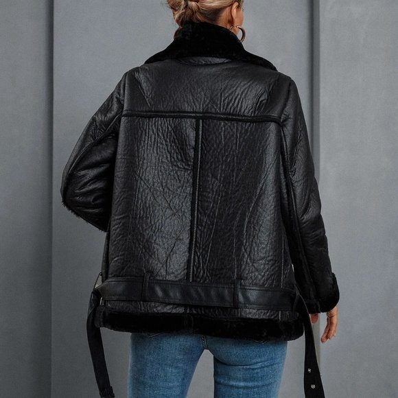 Black Preppy womens Teddy Panel Zip Up Moto Jacket - Picture 3 of 5